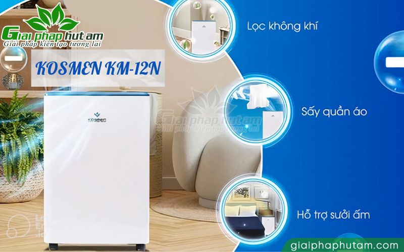 Máy hút ẩm Kosmen KM-12N vừa hút ẩm vừa lọc không khí, giúp bảo vệ sức khỏe gia đình