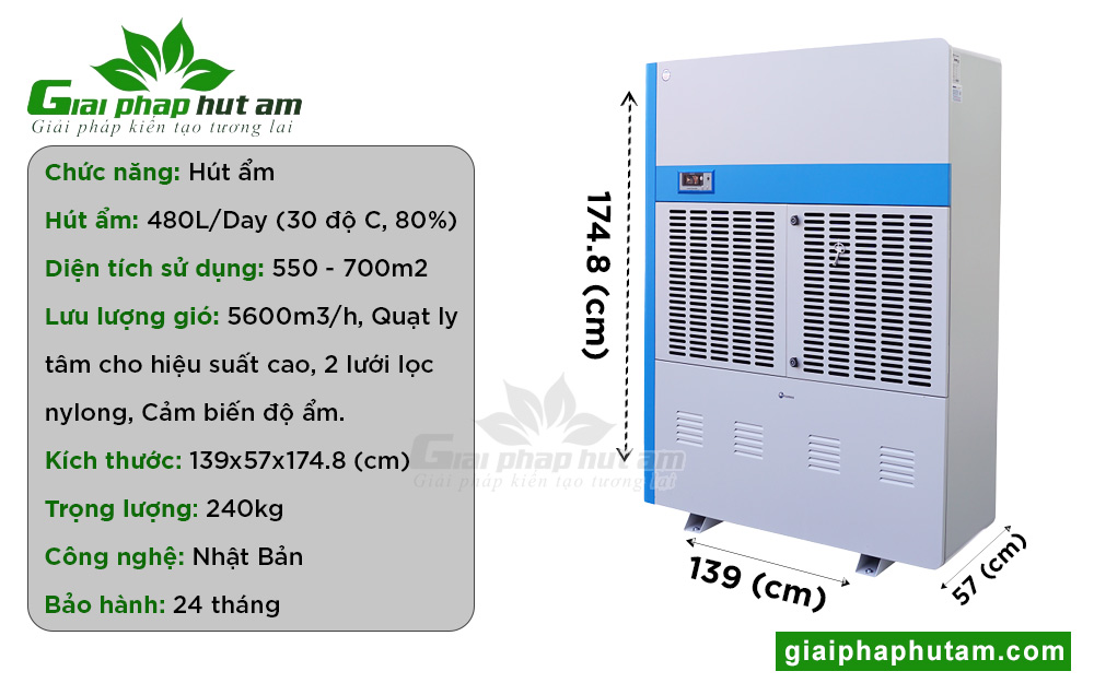 thông số kỹ thuật của Máy hút ẩm công nghiệp Fujihaia DH480BG