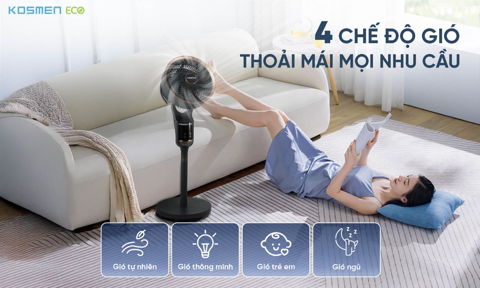 Quạt thông minh Kosmen Eco-F40AI-B sở hữu 4 cấp gió thoải mái mọi nhu cầu