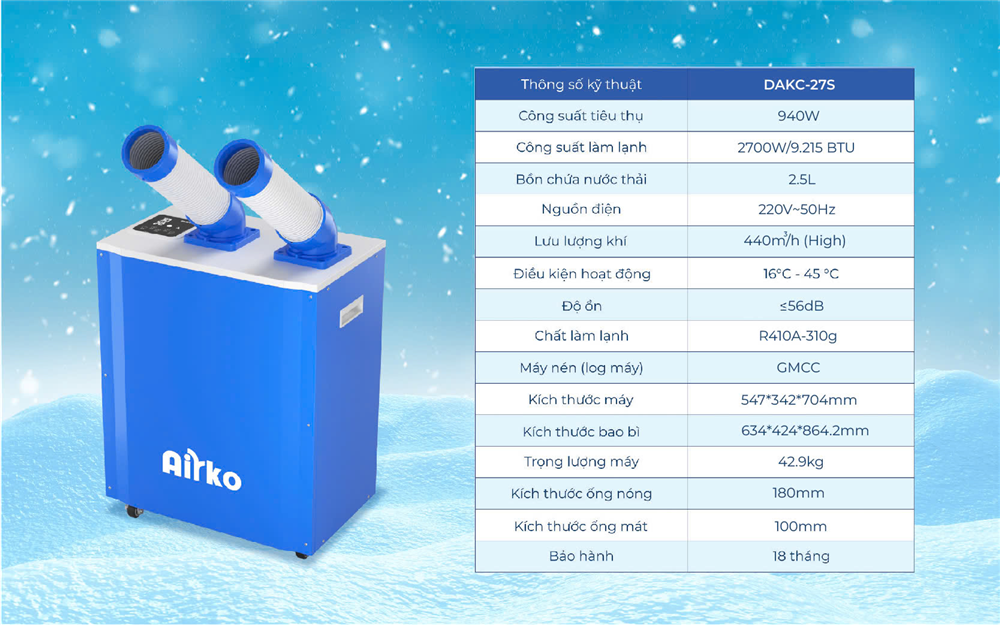 Bảng thông số Điều hòa di động công nghiệp Dorosin (Airko) DAKC-27S New 2025
