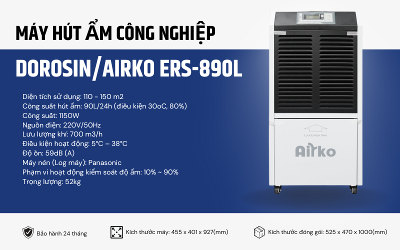 Bảng thông số Máy hút ẩm công nghiệp Airko ERS-890L (90lít/ ngày)