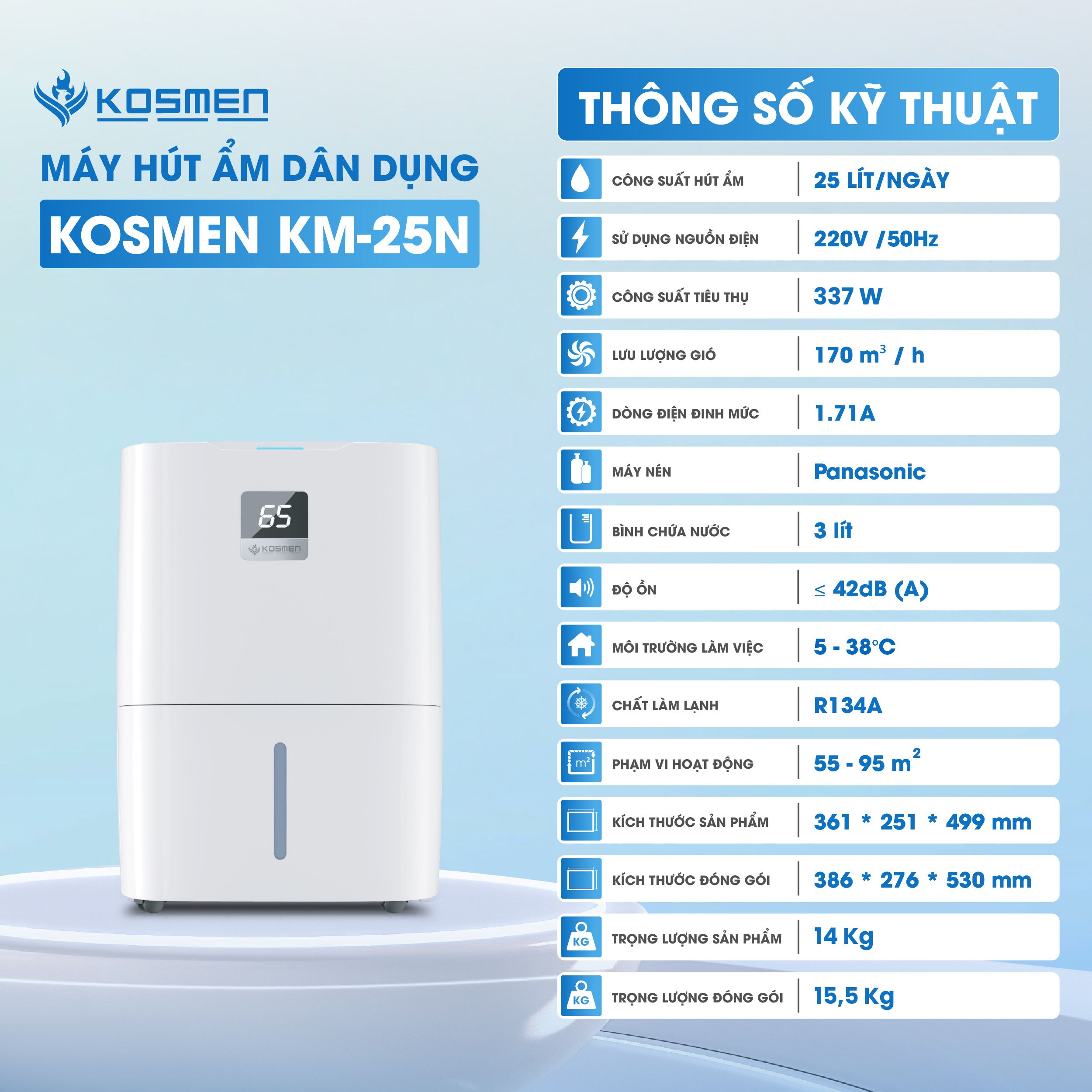 Bảng thông số Máy hút ẩm Kosmen KM - 25N